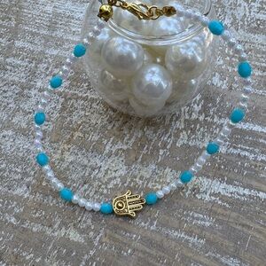 New Handmade white &Turquoise Beaded Bracelet or Ankle bracelet with Hamsa charm